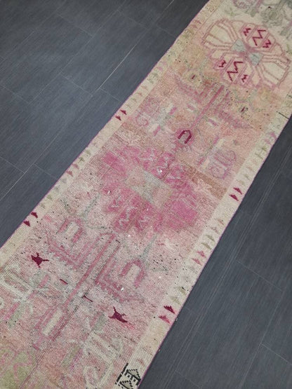 Muted Vintage Runner Rug Vintage Persian Runner Rug 2.4 x 12.4 Hallway Runner Rug Turkish Kitchen Runner Rug Antique Wool Oriental Runner