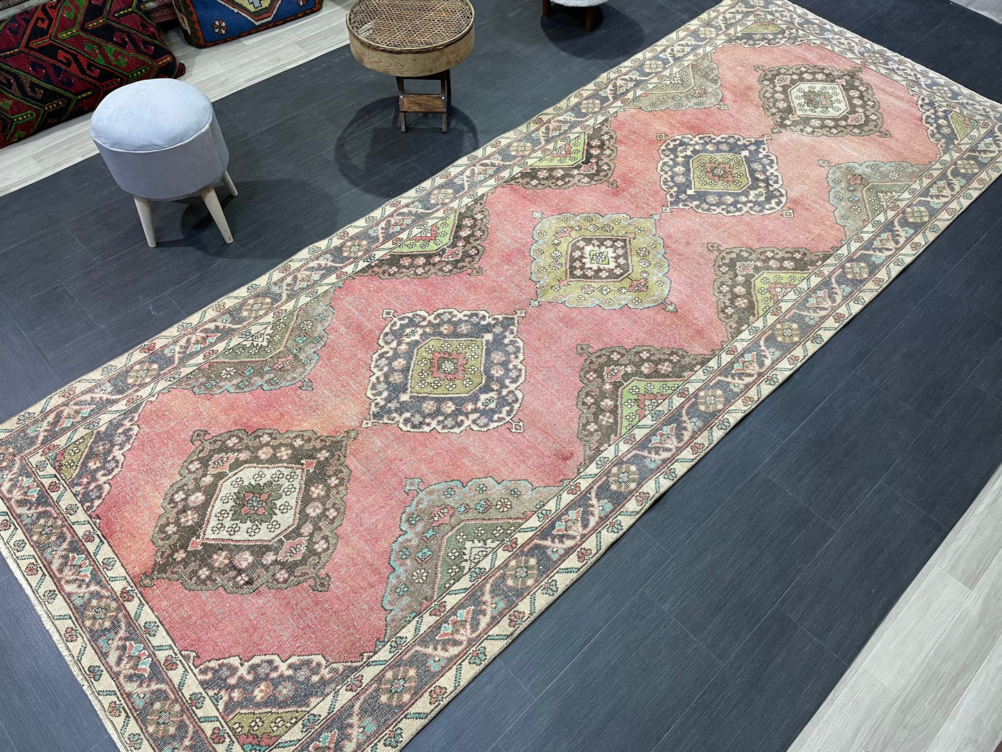 Vintage Runner rug, Muted 4.9 x 12 Runner RUG, TURKISH Runner, Pink Runner Rug, Pastel Oushak Rug ,Natural Wool Runner Rugs, Handmade Runner