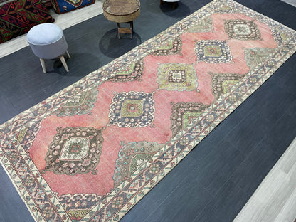 Vintage Runner rug, Muted 4.9 x 12 Runner RUG, TURKISH Runner, Pink Runner Rug, Pastel Oushak Rug ,Natural Wool Runner Rugs, Handmade Runner