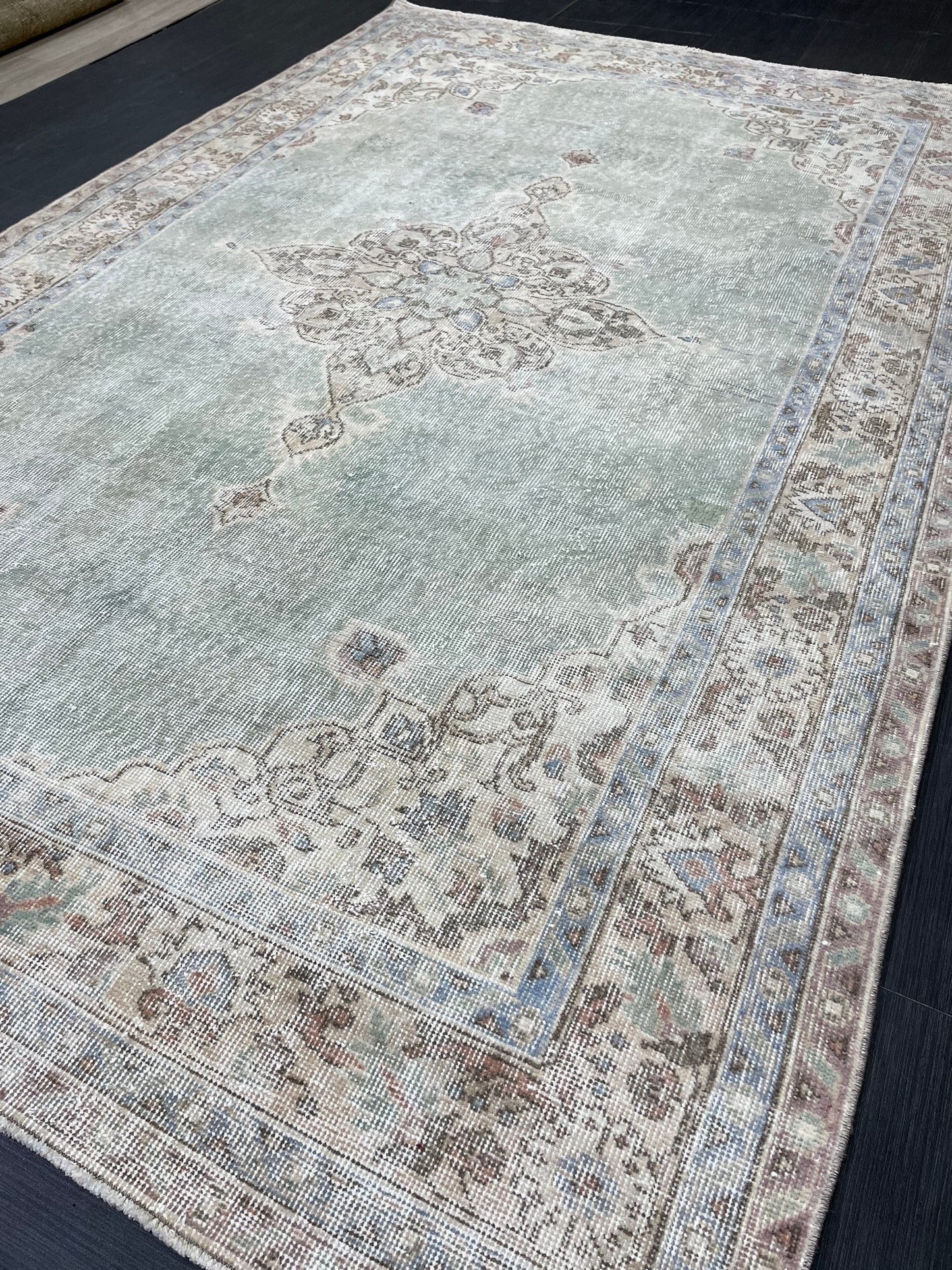 Green Vintage Rug Vintage 5.6 x 8.8 Hand Knotted Rug Wool Oushak Rug Hand Made Rugs Vintage Turkish Rug Persian Rug Distressed Rug