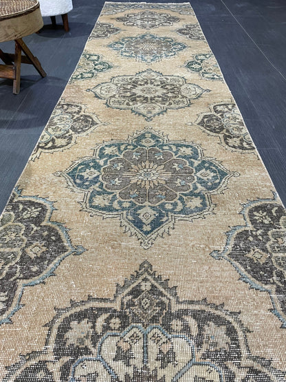 Muted  Handmade Runner Rug, Turkish Runner 2.10 x 13 Rug, Vintage Runner Rug Hallway Runner Rug, Hand Knotted Runner Rug, Persian Runner