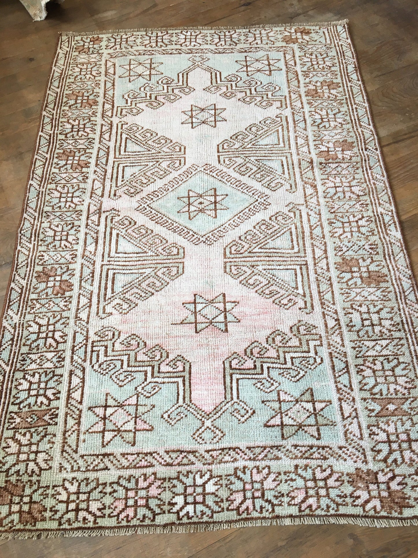 3x5 feet handmade antique persian motif rug, wool medium blue muted turkish living room rug, bohemian style kitchen floor rug, vintage rug