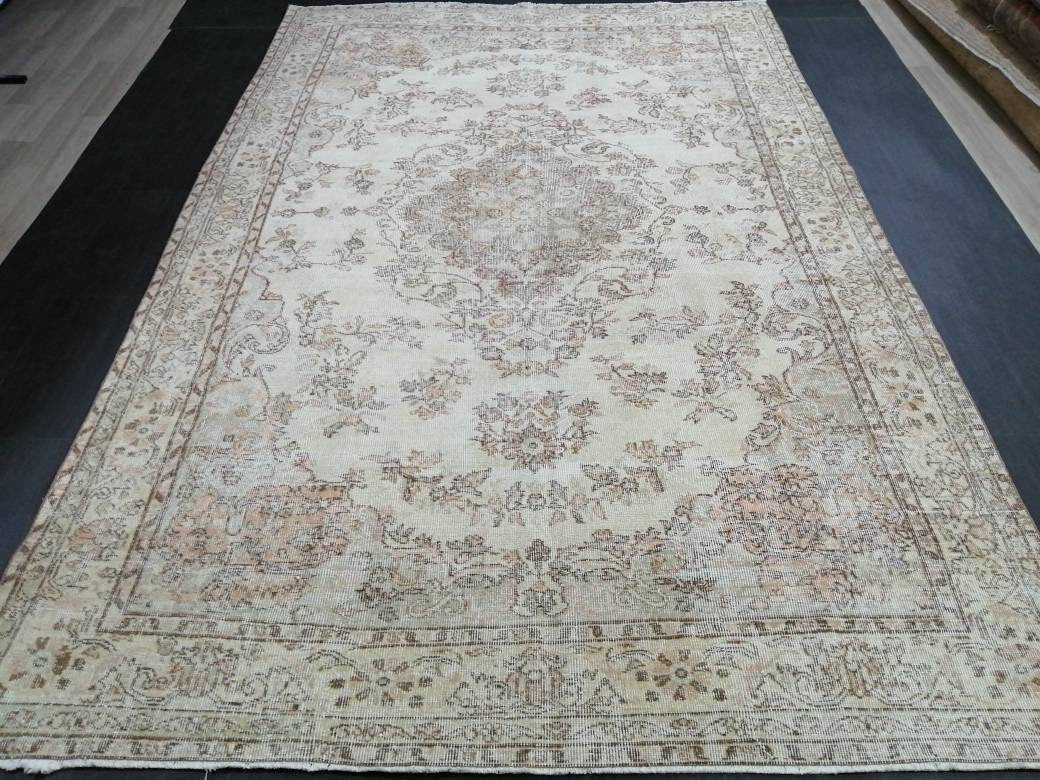 6.5 x 10.3 Muted OUSHAK RUG Neutral Vintage Oushak Rug Large Vintage Rug Wool Oushak Rug Hand Made Rugs Vintage Turkish Rug