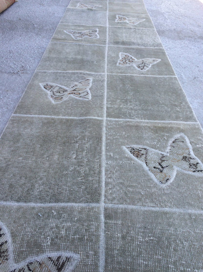 Butterfly RUNNER Rug, Vintage Patchwork RUNNER Rug, Bohemian RUNNER Rug Oushak Rug,Hand woven Rug animal Motif, Oriental Carpet Runner