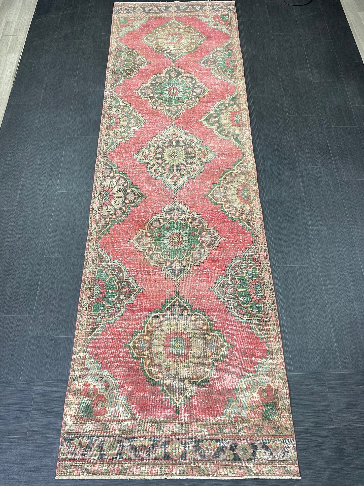 Vintage Runner Rug 3.7 x 12.6 Muted Turkish Runner Rug Hand Made Runner Rug Vintage Runner Rug Hallway Runner Rug Distressed Runner