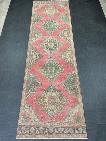 Vintage Runner Rug 3.7 x 12.6 Muted Turkish Runner Rug Hand Made Runner Rug Vintage Runner Rug Hallway Runner Rug Distressed Runner
