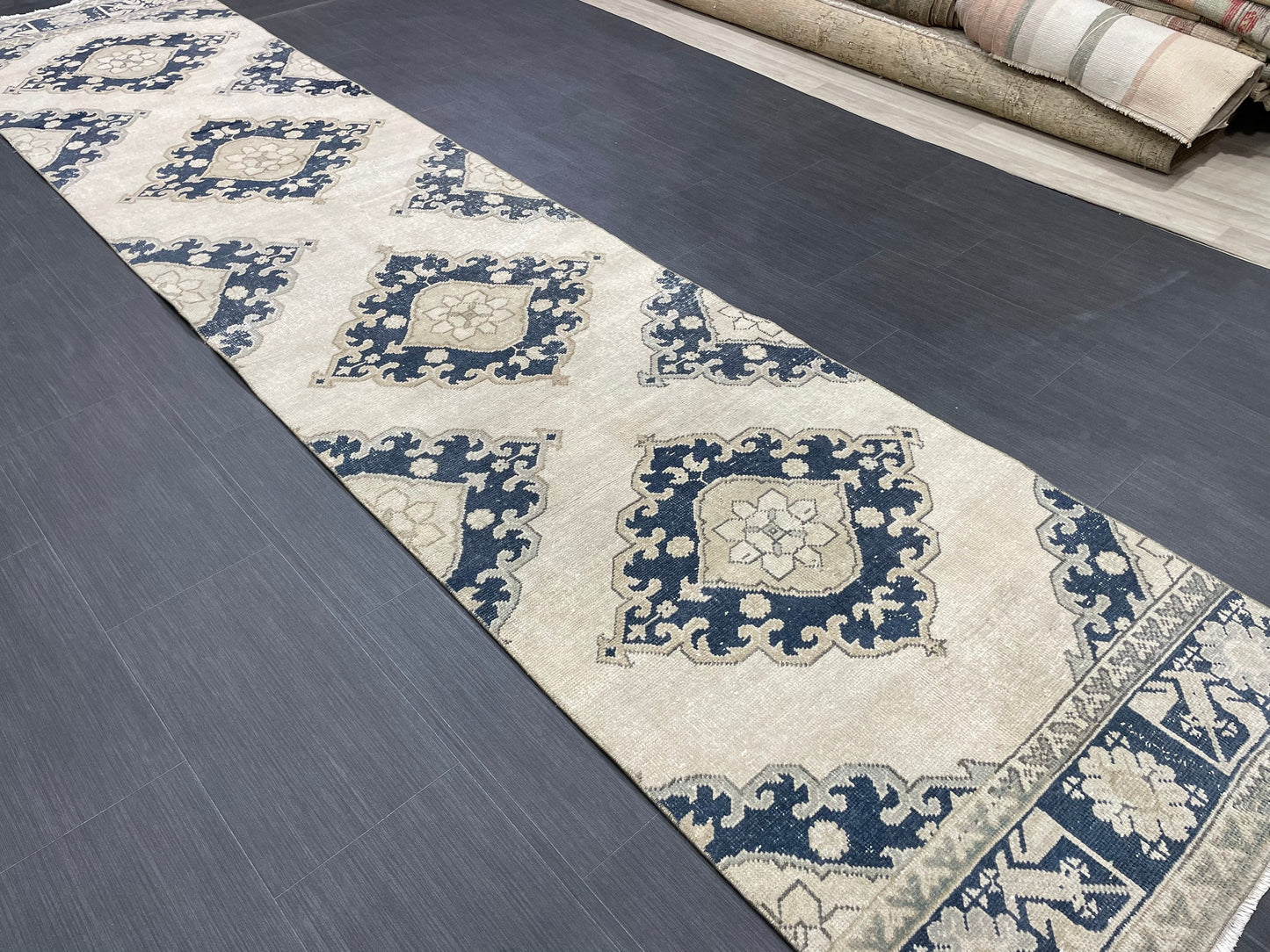 WOOL Hand Knotted Runner Rug Turkish Runner Rug 2.8 x 12.7 Muted Vintage Hallway Runner Rug Kitchen Runner Rug Persian Runner Rug Navy