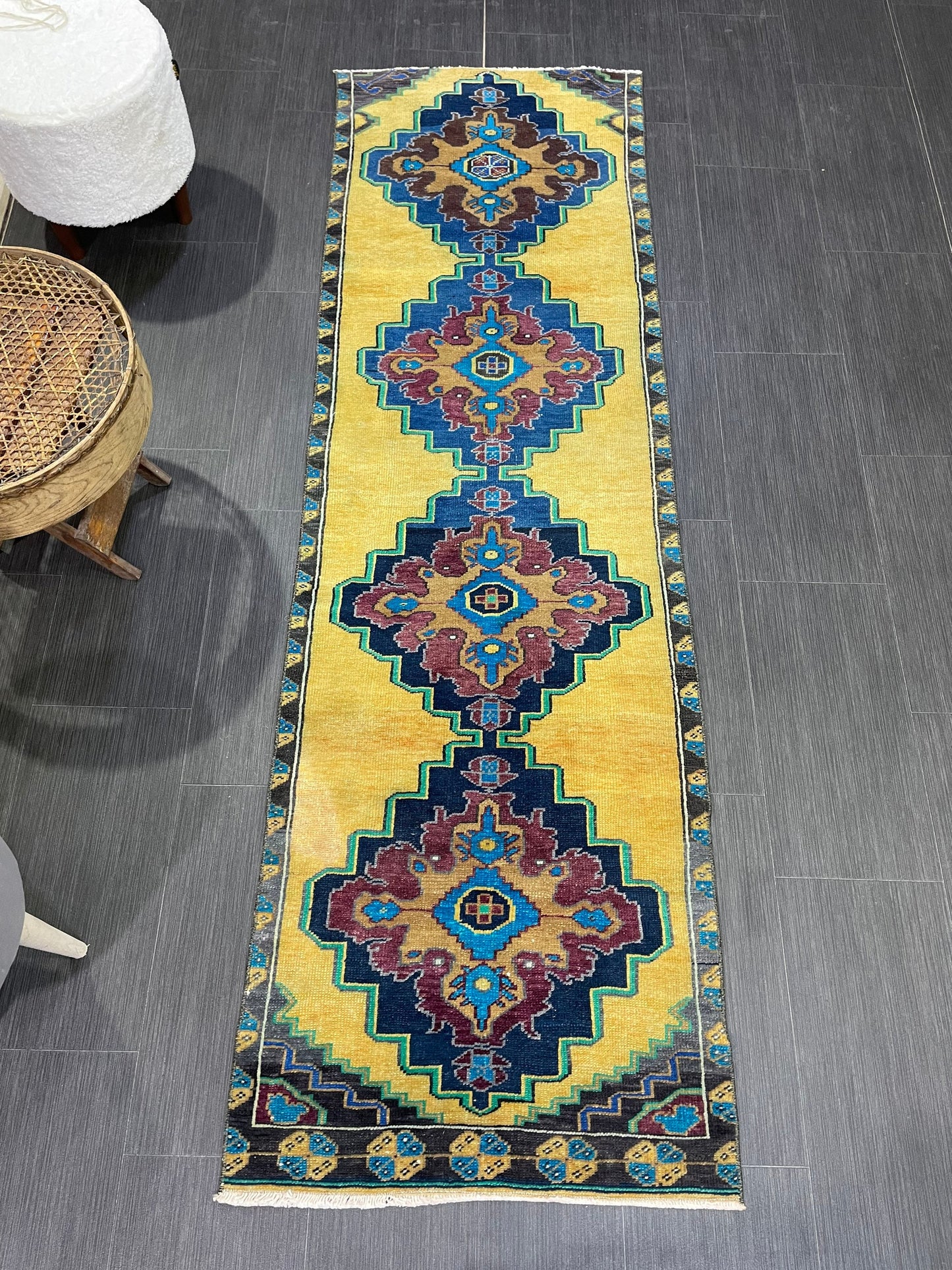 Wool Antique Runner Rug 2.2 x 7.2 Turkish Runner Rug Vintage Runner Rug Old Hallway Runner Rug Kitchen Runner Rug Yellow Wool Runner Rug