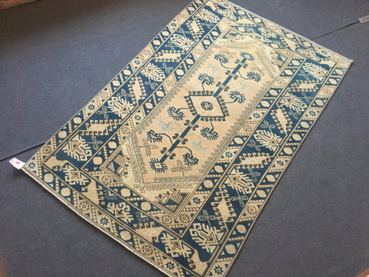 4x6 feet wool turkish kitchen floor wide rug, handmade oushak muted blue bedroom area rug, vintage living room large rug, laundry area rugs