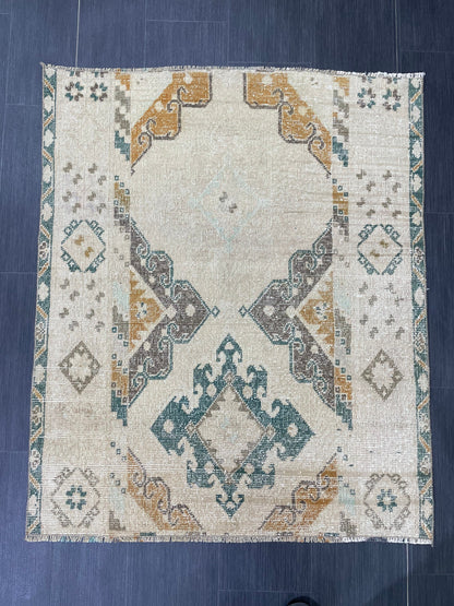 Muted Turkish Rug 3.6 x 4.4 Rug Handmade Rug, Rustic Rug Hand Knotted Rug, Rug Runner, Turkish Rug, Farmhouse Rug, Vintage Rug, Wool rug