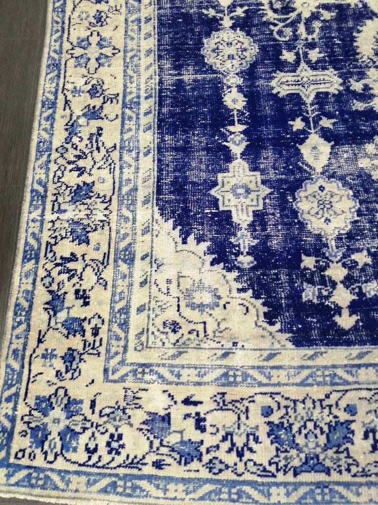 Antique RUG 7.4 x 10.8 Vintage Rug Vintage Persian Rug Muted Wool Oriental Rug Blue Hand Made Rugs Blue Distressed Turkish Antique Navy Rug
