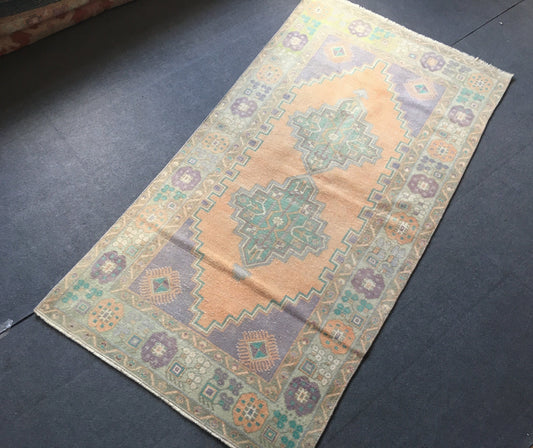 3.5x7 feet faded color orange turkish kitchen floor rug, handmade long runner rug, vintage grey bedroom floor rug, bathroom area runner rug