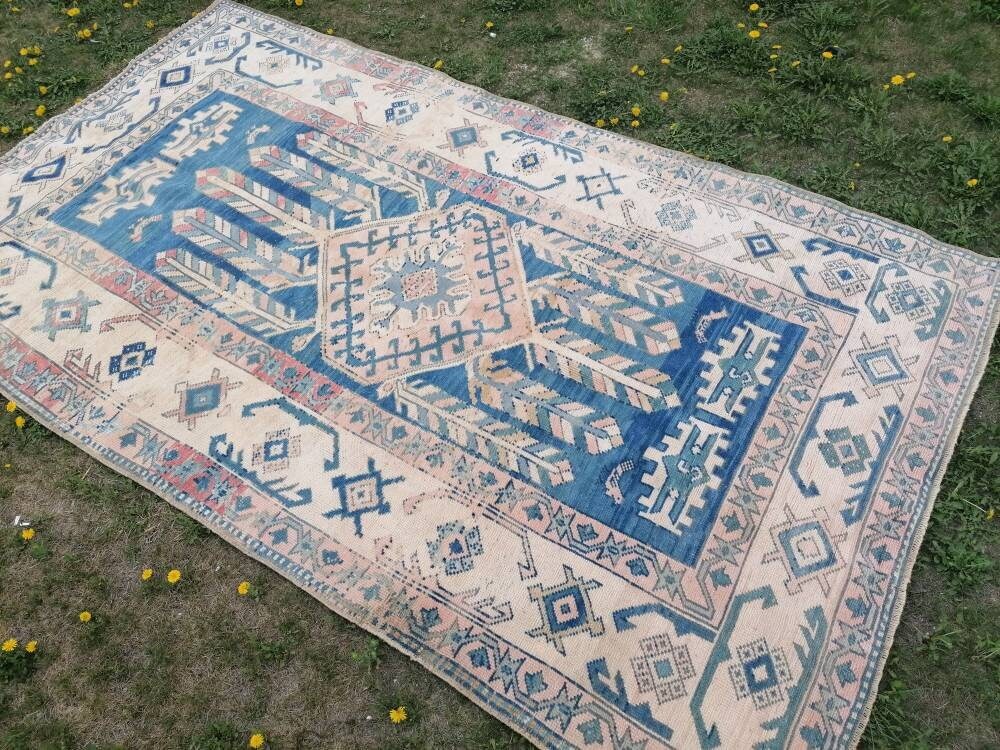 Blue vintage rug, vintage rug, turkish oushak rug 5'5x9'5 hand made wool rug, boho floor rug