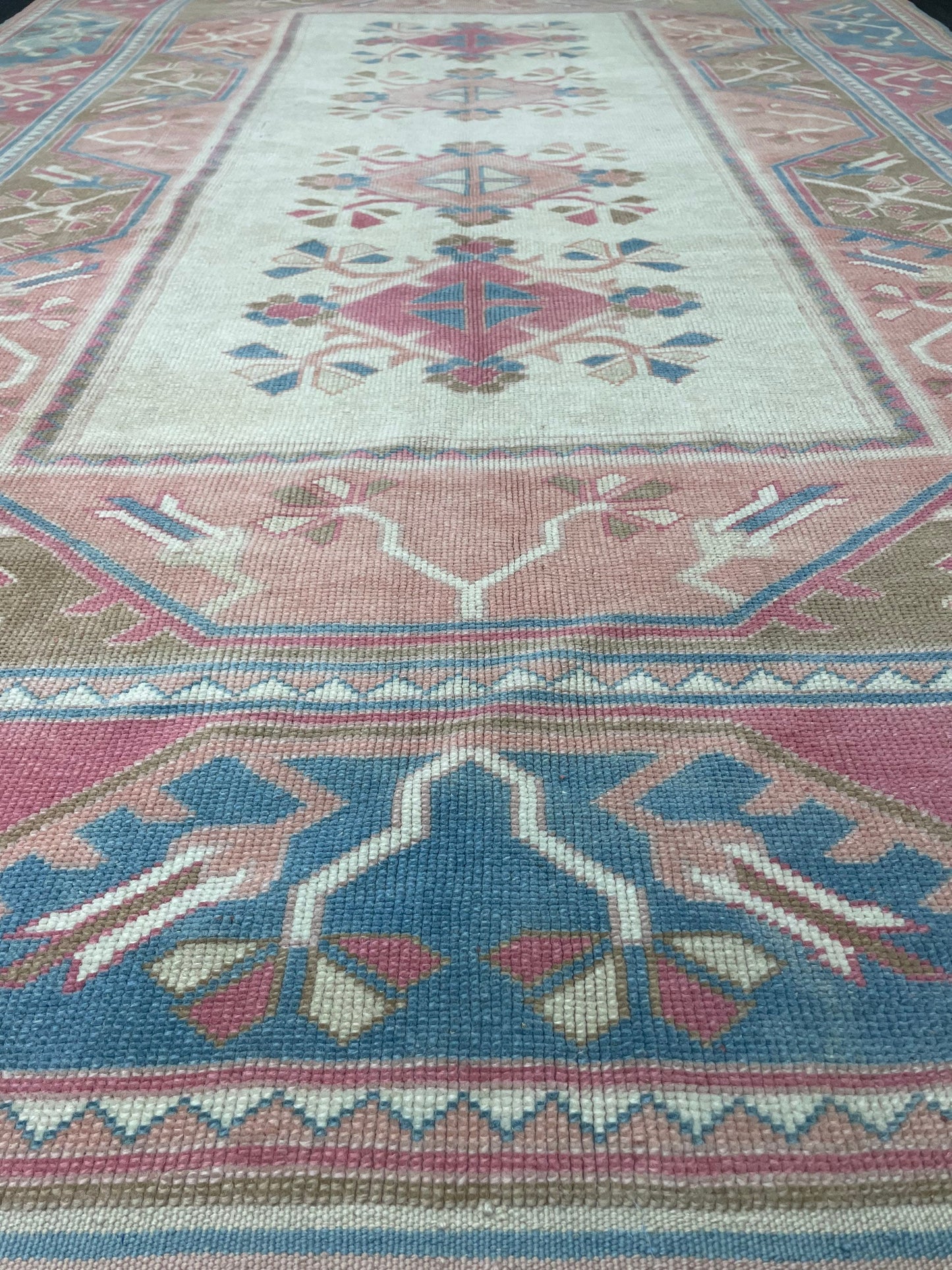 Hand Knotted Oushak Rug 6.8 x 10.3 Vintage Rug Handmade Turkish Rug Persian Rug Vintage Rug, Wool  Blue and Pink Rug Large Rug