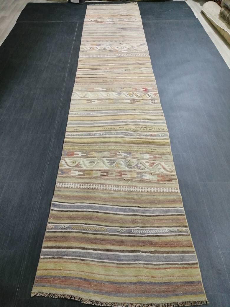 Vintage  Runner rug 2.9 x 15.4 Flat woven Runner Kilim Rug With Embroidery XL Oriental Runner Carpet, Vintage Kilim Rug Wool 3x16 Carpet Rug