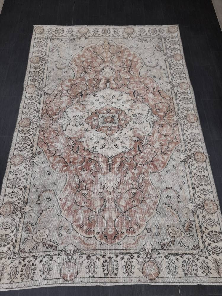 TURKISH Rug Vintage Rug Vintage Wool 6 x 9.5 Oushak Rug Hand Made Rugs Vintage Turkish Rug Oriental Rug Persian Rug Distressed Vintage Rug
