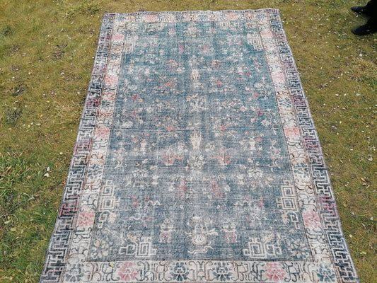 9'4x6'5 large oushak rug, blue distressed turkish rug vintage oushak runner rug vintage runner rug wool oushak vintsge hand made rugs