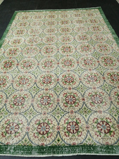 6.4 X 9.5 Rug, Hand Made Rug, Oushak Rug, Rustic Rug, Bohemian Rug, Green Floral Rug , Turkish Rug, Farmhouse Rug, Vintage Rug, Wool rug
