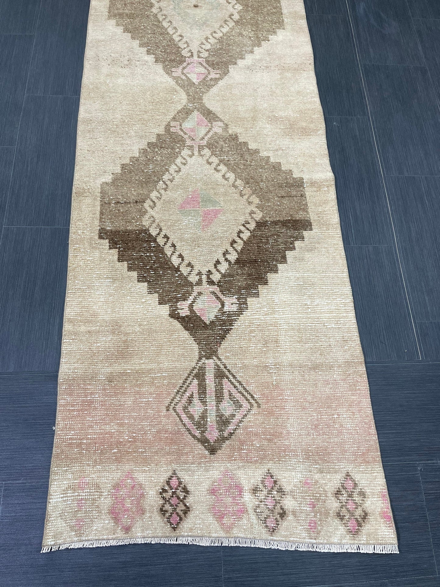 Muted Vintage Runner Rug 2.6 x 12.2 Hand Made Runner Rug Turkish Runner Rug Pink Vintage Runner Rug Hallway Runner Rug Wool Kitchen Runner
