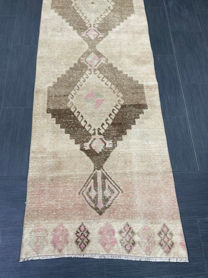 Muted Vintage Runner Rug 2.6 x 12.2 Hand Made Runner Rug Turkish Runner Rug Pink Vintage Runner Rug Hallway Runner Rug Wool Kitchen Runner