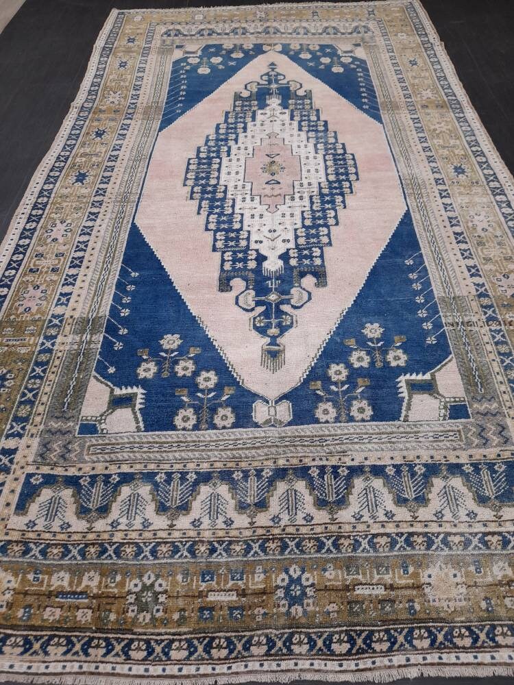Navy and Pink OUSHAK RUG 5.8 x 11 TURKISH Rug Vintage Oriental Rug Vintage Persian Rug Wool Oushak Rug Hand Made Rug Vintage Turkish Rug