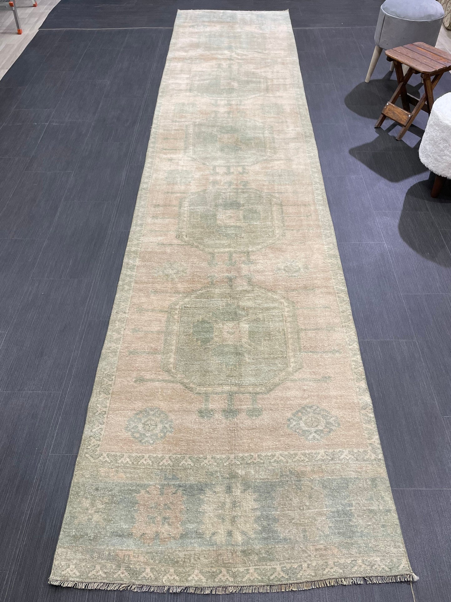 Muted OUSHAK RUG TURKISH 2.9 x 13.2 Rug Runner Vintage Runner Rug Vintage Runner Rug Wool Oushak Rug Hand Made Rugs Vintage Turkish Runner