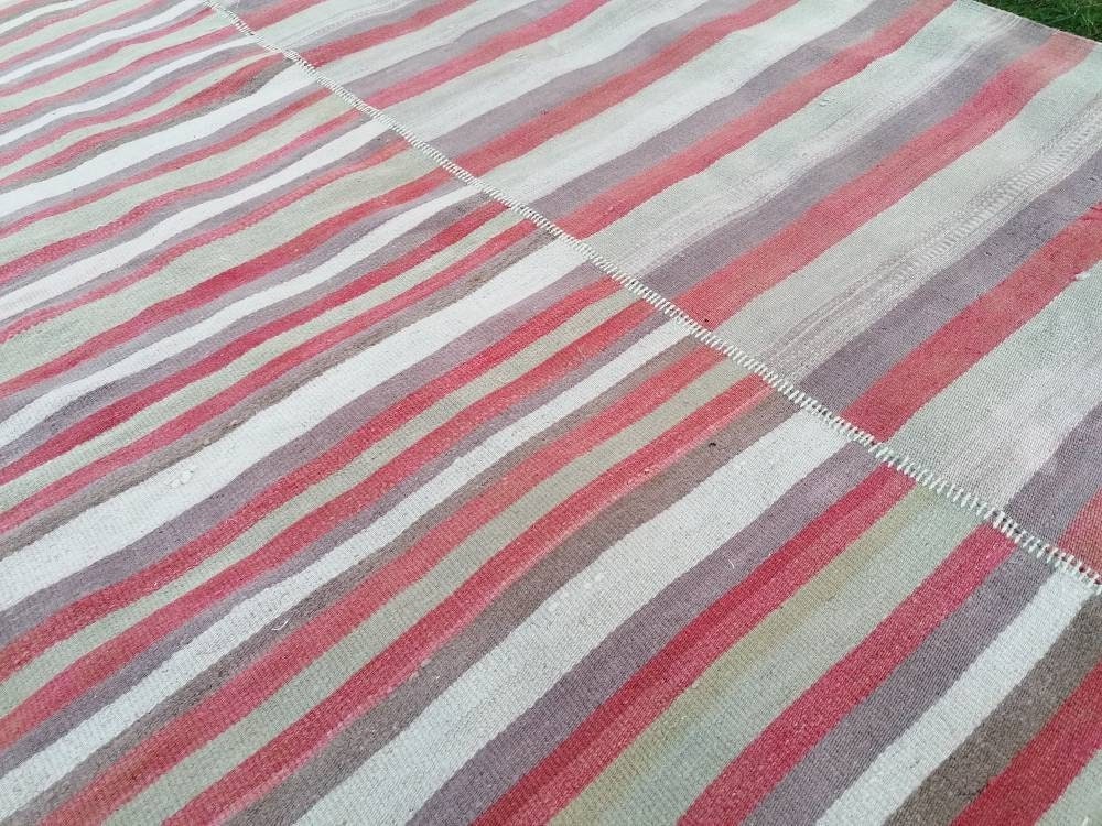 7x9.5 feet oversize wool kilim, pastel stripe rug, handmade rug living room, entryway turkish kilim rug, lounge area kilim rug, bigest kilim