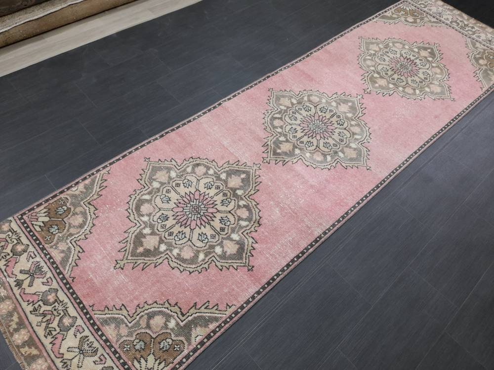 Vintage Runner Rug Muted 3.2 x 11.2 Hand Made Runner Rug Turkish Runner Rug Pink Vintage Runner Rug Hallway Runner Rug Wool Kitchen Runner