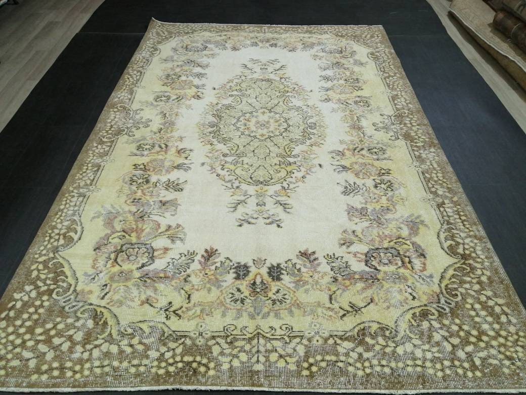 Vintage OUSHAK RUG 6.2 x 9.3 TURKISH Rug Vintage Oushak Runner Rug Vintage Persian Rug Wool Oriental Rug Hand Made Rugs Muted Oriental rug