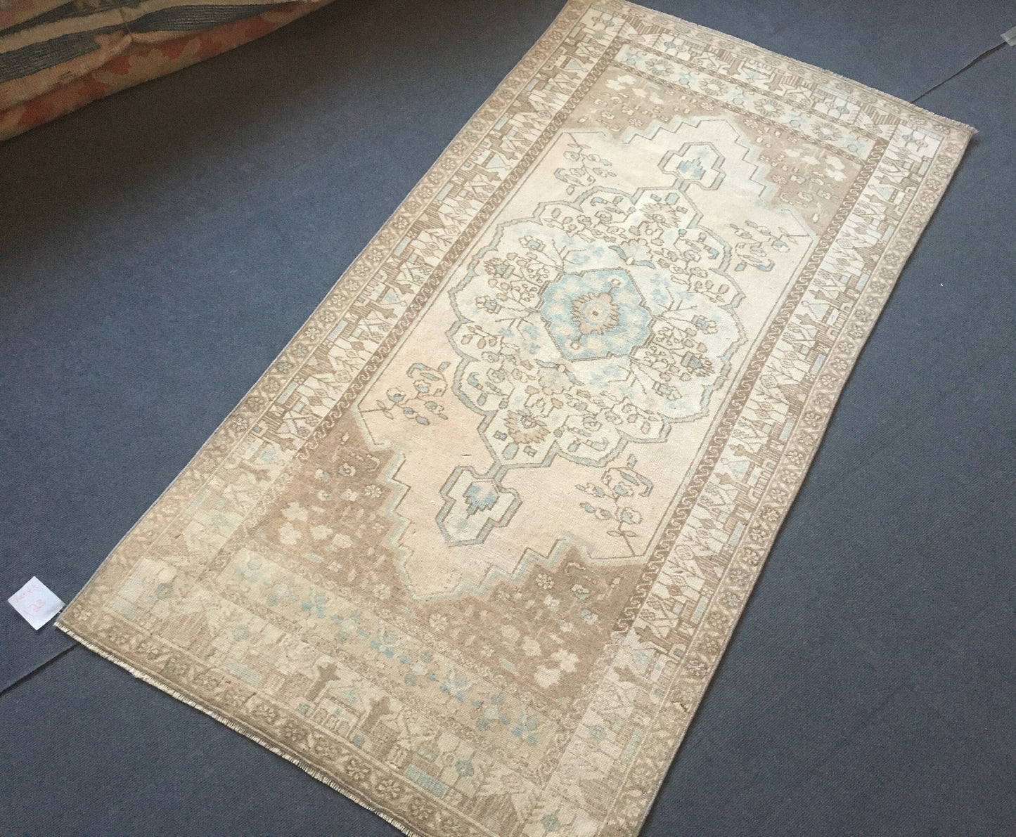 3.4x6.5 ft natural wool rug, faded vintage turkish rug, oushak brown kitchen rug, anatolian bohemian living room rug, blue handmade area rug