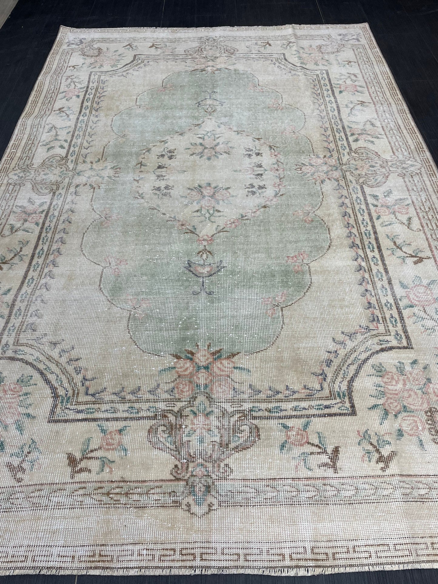 Handmade Rug 6x9 Oushak Rug Distressed Rustic Rug, Light Green Rug Hand Knotted Rug Turkish Rug, Farmhouse Rug, Vintage Rug, Wool rug