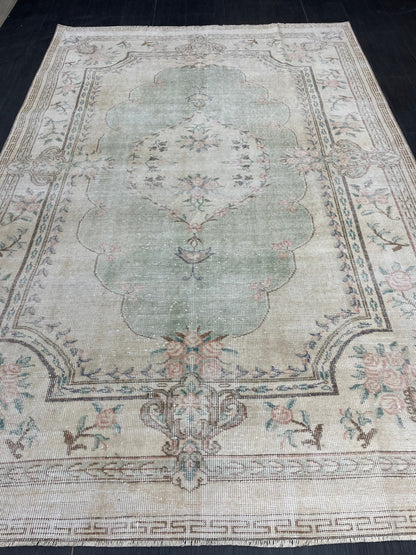 Handmade Rug 6x9 Oushak Rug Distressed Rustic Rug, Light Green Rug Hand Knotted Rug Turkish Rug, Farmhouse Rug, Vintage Rug, Wool rug
