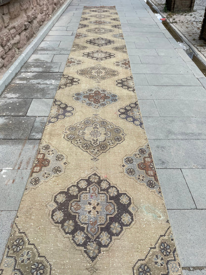 Muted Long Vintage Runner TURKISH 2.7 x 21.3 Runner Rug Handmade Runner Rug XL Oriental Runner Rug Staircase Hand Knotted Runner rug