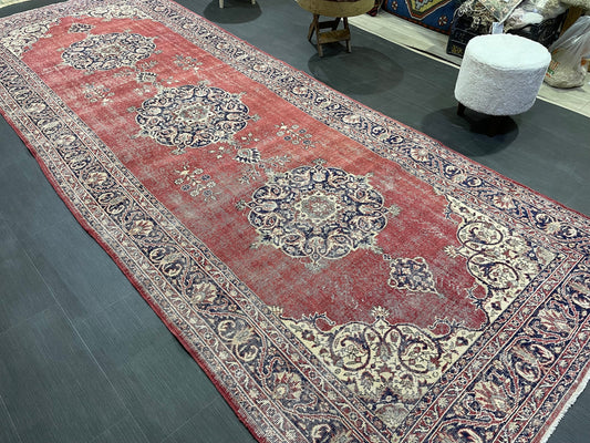 Antique Oushak Runner Rug, Turkish Runner 4.10 x 13 Rug, Vintage Runner Rug, Hallway Runner Rug, Oriental Runner Rug, Handmade Runner,