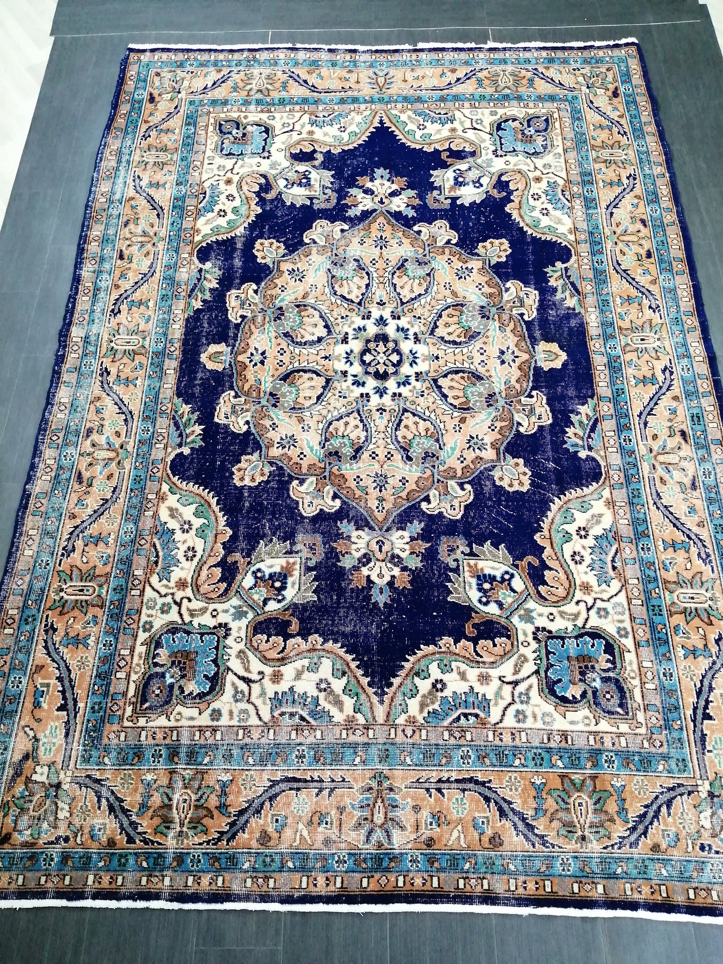 Blue Oushak Rug, 7 x 10.7 Vintage Rug, Bohemian Rug, Rug Runner, Turkish Rug, Farmhouse Rug, Blue Vintage Rug, Wool  Oriental Rug