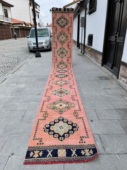 Handmade Extra Long Turkish Runner Very Long Oushak Runner Rug 2.6 x 20.4 Vintage Runner Rug Pink XL Oriental Runner Rug Staircase Runner