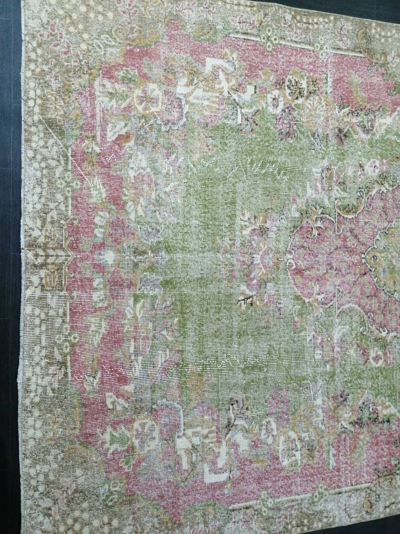 Oriental Rug 10 x 6.7 TURKISH Oushak Rug Vintage Antique Rug Vintage Green and Pink Rug Wool Distressed Rug Hand Made Rug