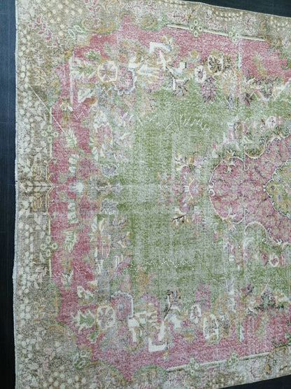 Oriental Rug 10 x 6.7 TURKISH Oushak Rug Vintage Antique Rug Vintage Green and Pink Rug Wool Distressed Rug Hand Made Rug