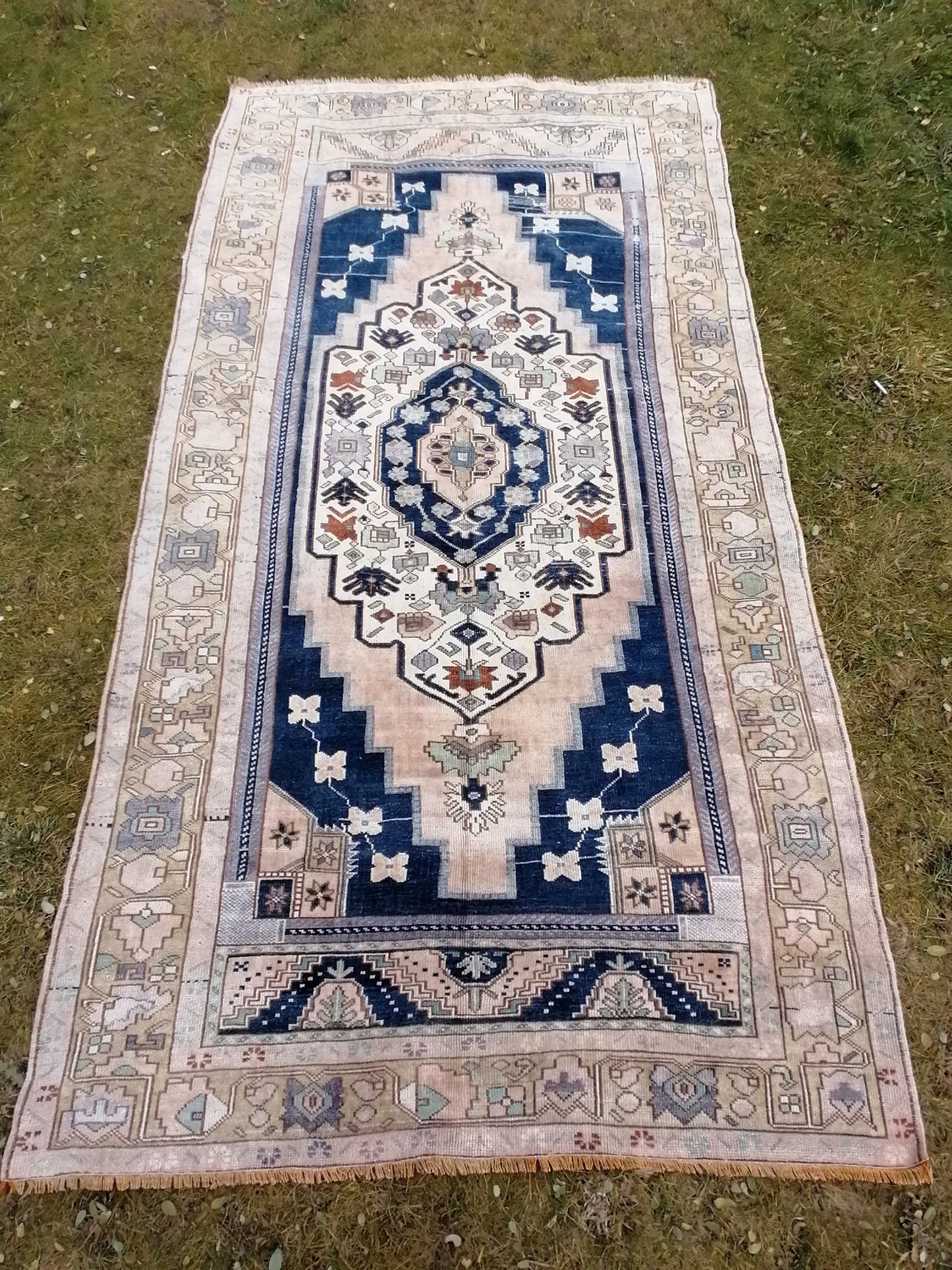 Turkish oushak rug, blue vintage rug 5'2x10 vintage oushak rug, unique hand made rug kitchen rug bohemian rug