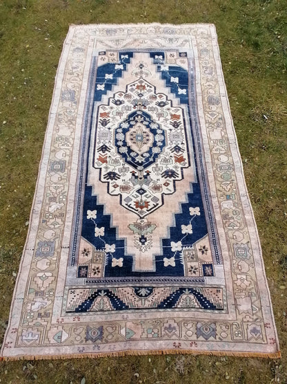 Turkish oushak rug, blue vintage rug 5'2x10 vintage oushak rug, unique hand made rug kitchen rug bohemian rug