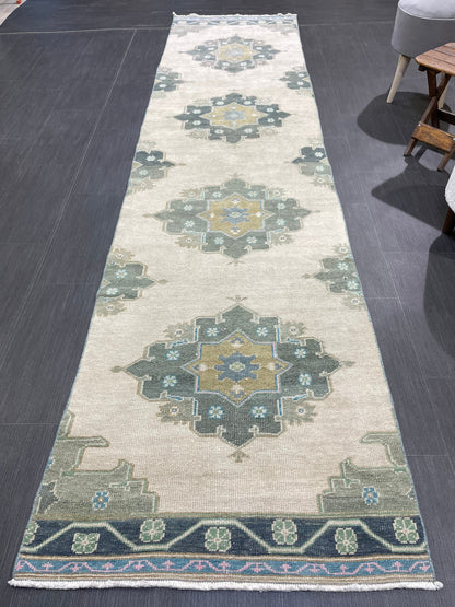 Muted Handmade Runner Rug Turkish Runner 2.7 x 11 Rug Vintage Runner Rug Hallway Runner Rug Kitchen Runner Rug Green Hand Knotted Runner