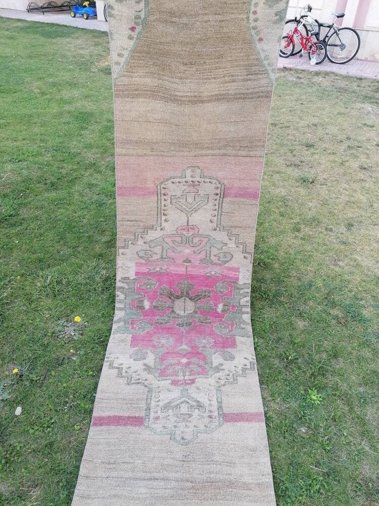 Oushak runner rug, vintage oushak runner 2'7x11 natural hand made wool runner, hallway runner, kitchen runner