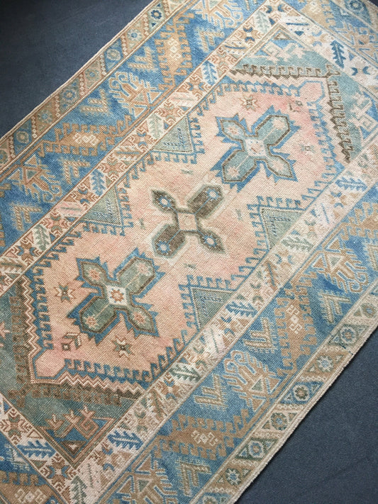 4x6.5 feet etnique anatolian kitchen rug, faded color blue turkish hallway rug, vintage natural brown bedroom rug,living room floor wool rug