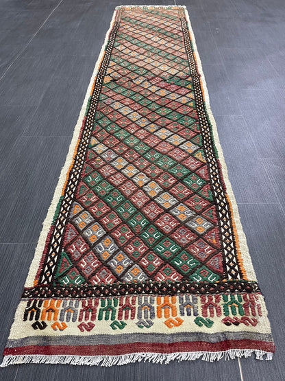 Handmade Embroidery Runner Rug 1.8 x 8 Turkish Runner Rug Flat weave Vintage Runner Rug  Flat-woven Hallway Runner Rug Kitchen Runner