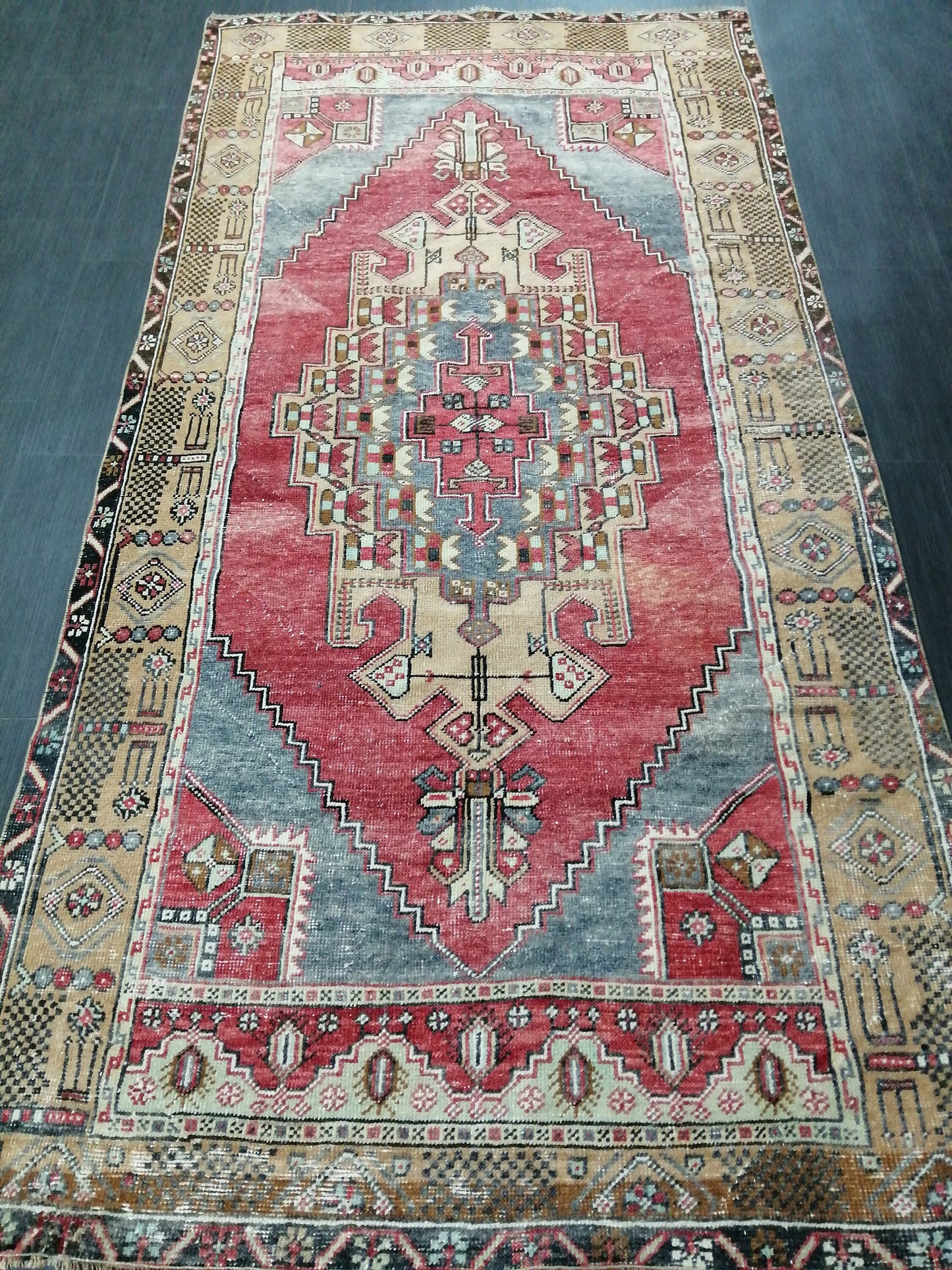 Muted OUSHAK RUG 4.2 x 8.3  Muted Vintage Rug Vintage Rug  Ice Blue Wool Oushak Rug Hand Made Rugs Vintage Turkish Rug