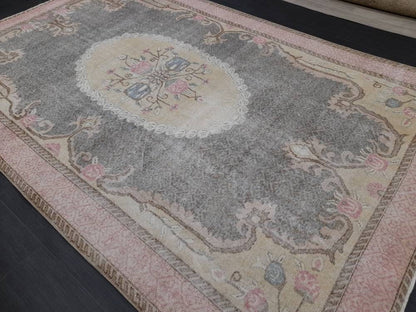Floral Vintage OUSHAK RUG Antique TURKISH Rug Vintage Distressed Oriental Rug 6.6 x 10.4 Wool  Rug Hand Made Vintage Rug 7x10 Turkish Rug