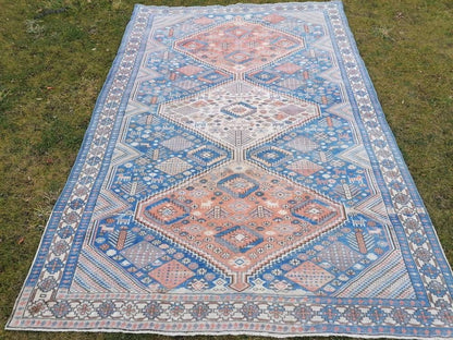 Turkish blue wool rug 6'8x10 large oushak vintage rug, unique hand made, living room rug