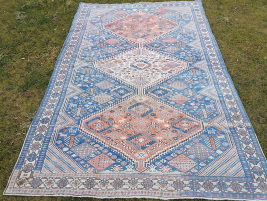 Turkish blue wool rug 6'8x10 large oushak vintage rug, unique hand made, living room rug