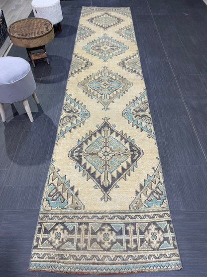Vintage Persian Runner 2.7 x 12.4 Rug, Turkish Runner Rug, Handmade Runner, Staircase Runner, Kitchen Runner Rug, Wool Runner Rug