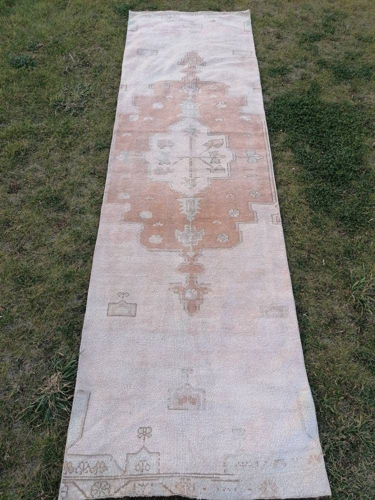 2'10x9'7 muted vintage runner, oushak runner rug, hallway runner, kitchen vintage anatolian rug